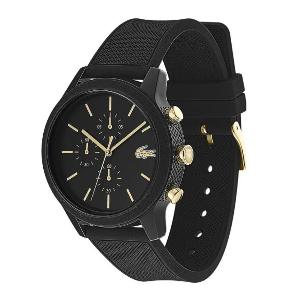 LACOSTE 2011012 12.12 BLACK CHRONGRAPH DIAL BLACK SILICONE STRAP MENS WATCH